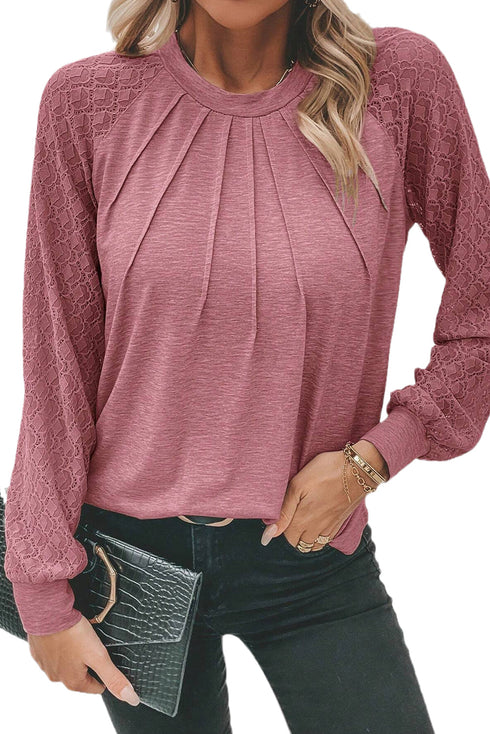 Contrast Lace Raglan Sleeve Plicate Round Neck Top